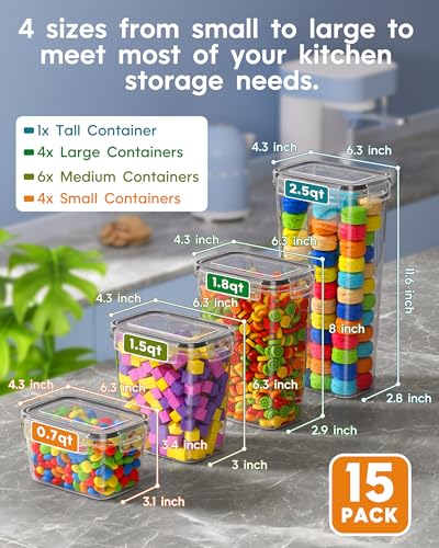 Airtight Food Storage Containers with Lids, 15 PCS Kitchen and Pantry Organization Canisters, BPA-Free, PVC-Free, Food-grade Plastic Leak-proof Jars for Cereal, Flour, Sugar, Extra 24 Labels & Marker - Image 3