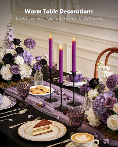 Image of Homemory 3 Pcs Waxy Purple Flameless Taper Candles with Remote Timer, LED Fake Candlesticks, 9.6 Inches Battery Tall Candle with 3D Flickering Flame for Wedding, Dinner, Christmas Anniversary Decor