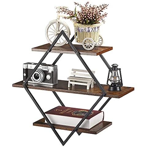BCOZLUX Floating Shelves, Decorative Geometric Diamond Wall Shelves, 3 Tier Wood Farmhouse Hanging Display Shelves for Bedroom and Bathroom, Rustic Brown Cover
