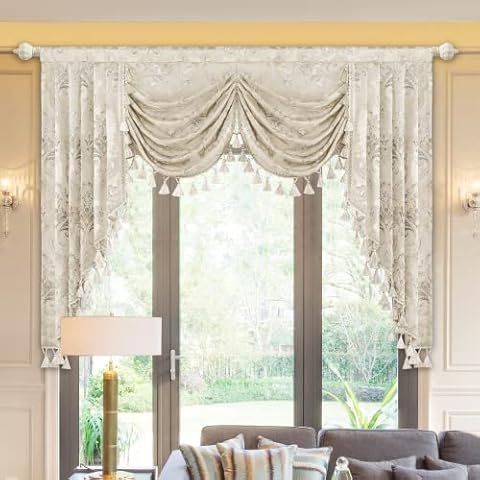 Loom and Mill Luxury Waterfall Valances for Windows, Elegant Jacquard Thick Swag Curtains Valance with Tassels for Living Room, Bedroom Party Banquet Decorations (Light Apricot, W59 Inch, 1 Panel) Cover