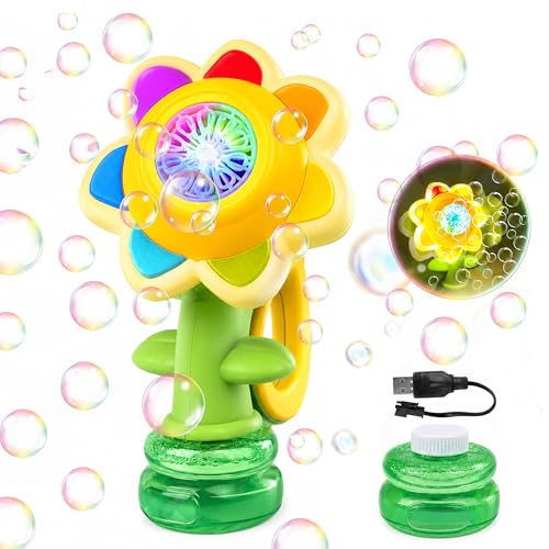 Image of Kidology Dancing Sunflower Bubble Machine for Kids & Adults | Rechargeable Electric Bubble Maker with LED Lights | Bubble Gun Toy for Boys & Girls | Birthday Party Gift Toy