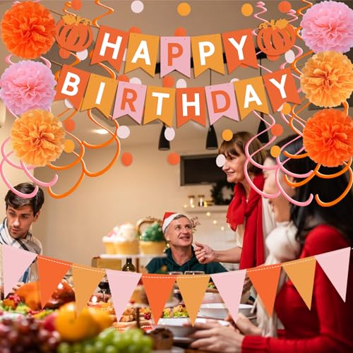 Thanksgiving Birthday Party Decorations Pink and Orange Groovy Party Decorations Pumpkin Happy Birthday Banner Fall Autumn Thanksgiving Harvest Decorations for Fireplace Mantle Home by FINALFIESTA - Image 2