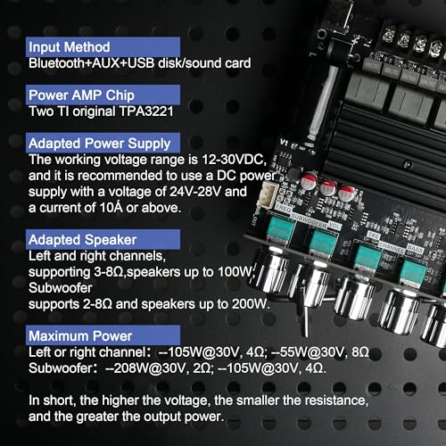 Image of ZK-ST21 TPA3221 Bluetooth Power Amplifier Board with Subwoofer 2.1 Channel 100Wx2+200W, 12V-30V Audio Power Amplifier Module with Treble and Bass Control