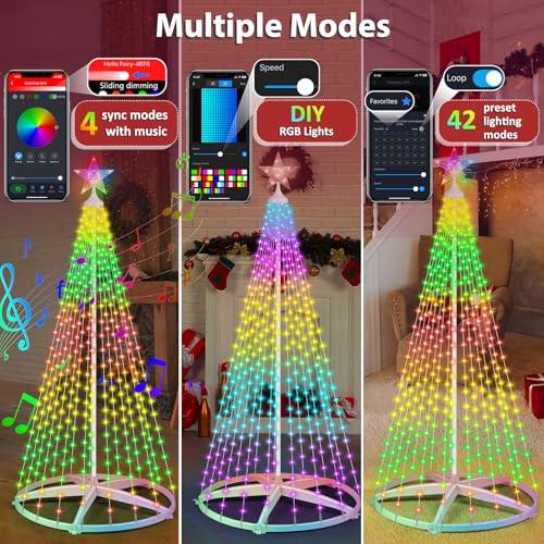 8FT LED Christmas Cone Tree Light, 355LEDs Outdoor Lighted Christmas Tree with Smart APP Control, IP65 RGB Lighted Cone Tree for New Year Decor with IP44 Adapter for Indoor Outside Yard Display