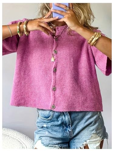 GORGLITTER Women's Short Sleeve Button Up Cardigan Crewneck Cropped Sweater Loose Knit Tops3