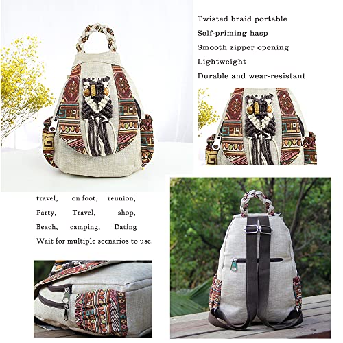 Image of Womens Boho Cotton Hemp Cloth Backpack Boho Vintage Embroidered Casual Purse Handbags Messenger Bag Owl