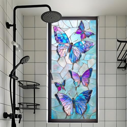 BlissYard Stained Glass Butterfly Window Film Floral Window Privacy Film Glass Privacy Decals Living Room Sun Blocking Decor Removable Static Cling Stickers 17.71x39.97 inch