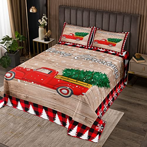 Merry Christmas - Juego de colcha de microfibra con diseño de cuadros y copos de nieve, color verde y rojo, con 1 funda de almohada