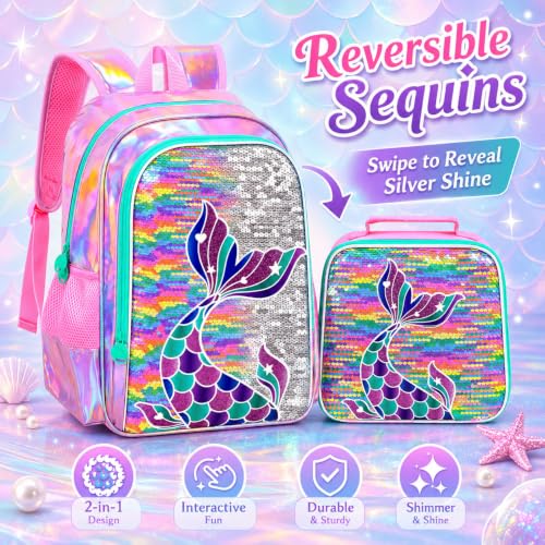 Image of 3Pcs Mermaid Girls Backpack, 16 inch Sequin Fish Tail Bookbag Set for Kids, Elementary Preschool Preschool School Backpacks with Lunch Box (Rainbow)