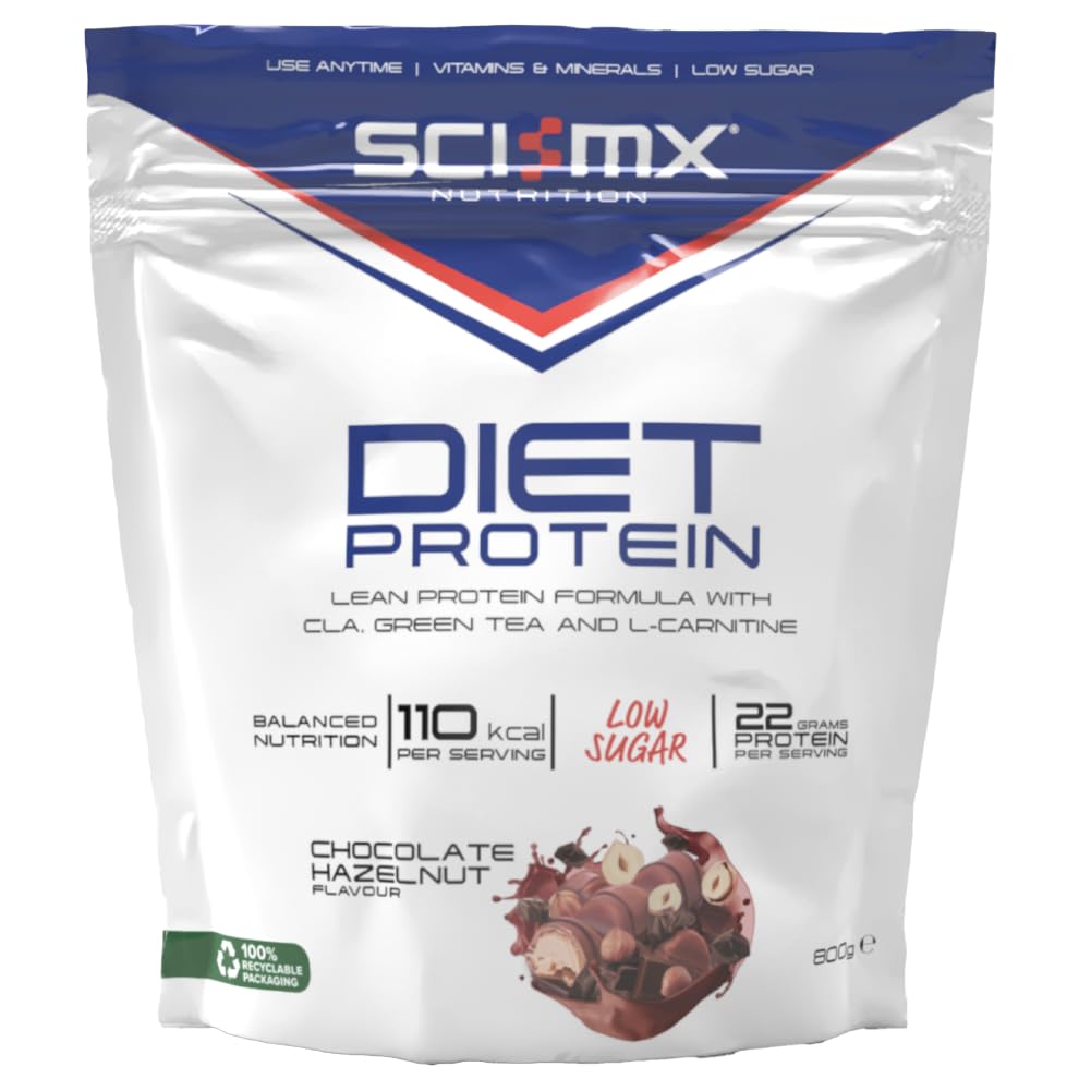 SCI-MX Diet Whey Protein Powder + Vitamins & Green Tea, CLA & L-Carnitine - Chocolate Hazelnut • Low Sugar • 22g Protein + 110 Calories per Serving • 800g