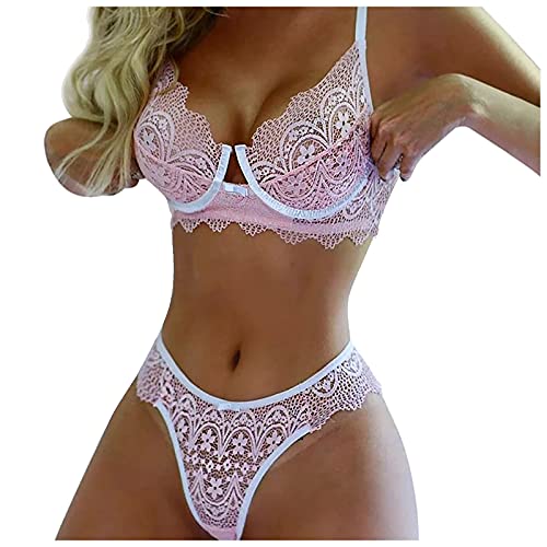 Yunweisi Spitze Push Up Damen Dessous Set Sexy Sling Erotisch Unterwäsche Set Versuchung Transparent Erotik Frauen Reizwäsche Bandage Bikini Korsett Lace BH + Atmungsaktive Slips Lingerie Set Cover