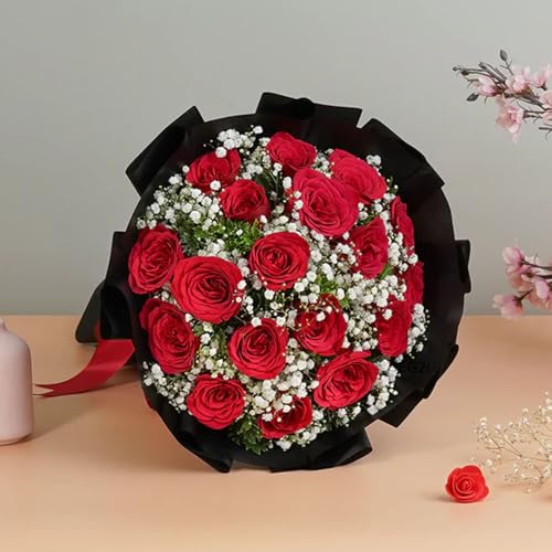 EG2i Eternal Bloom – Round Bunch of 12 Red Roses with Green Fillers, Perfect for Birthday, Anniversary, Love, Valentine’s Day, Gifts for Girlfriend & Boyfriend, Same-Day Delivery 2 51+scgTRrLL