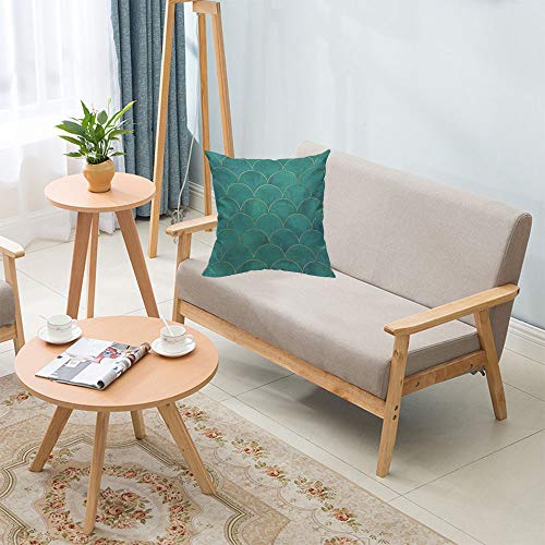 HOSNYE Mermaid Fish Scale Wave Throw Pillow Case Cushion Covers Watercolor Dark Teal Turquoise with Gold Line Cotton Linen for Couch Bed Sofa Car Waist 18 x 18 inch - Image 4