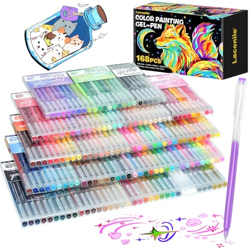 Laconile Penne gel glitterate, punta fine da 1 mm, set di 168 colori, penne gel per libri da colorare e biglietti da disegno, scrittura e diario (168)