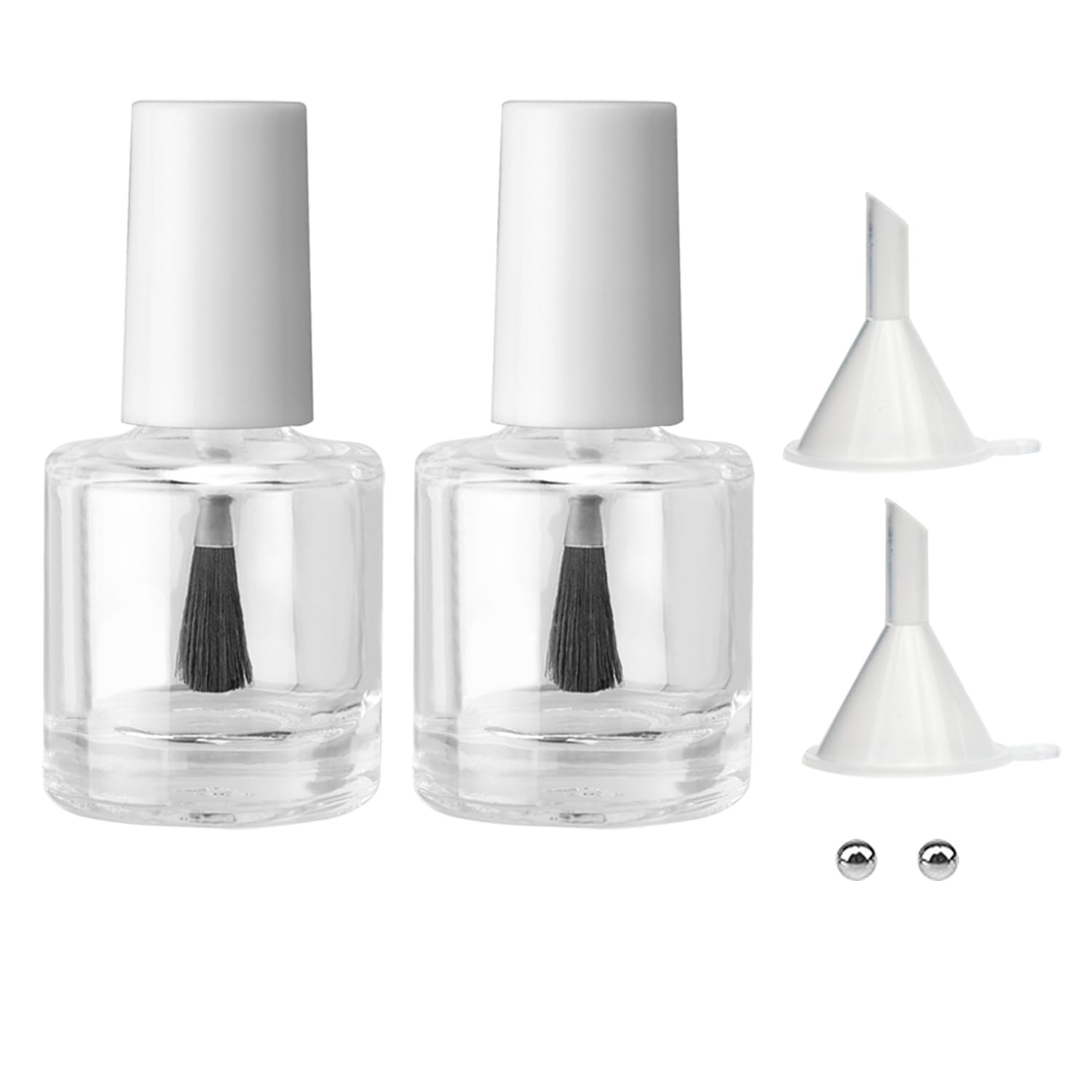 Agidea 2PCS Empty Nail Polish Bottles with Rounded Brush,Empty Glass Clear Refillable Nail Polish Containers Vials with Mixing Balls & Funnels & White