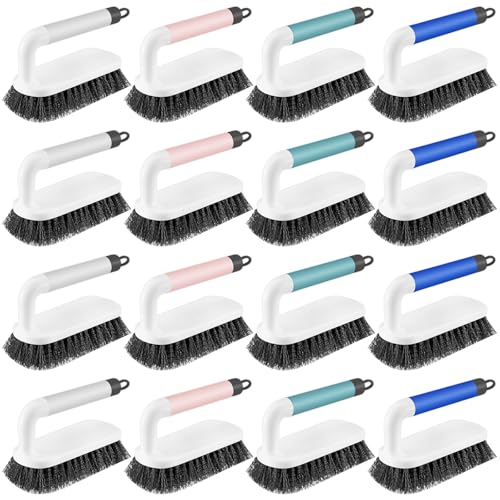 Teenyyou 16 Pack Scrub Brush Heavy Duty Cleaning Brushes with Handle Stiff Bristles Scrub Brush Bulk for Shower Bathroom Carpet Kitchen Bathtub Scrubber, Grey, Blue, Green, Pink