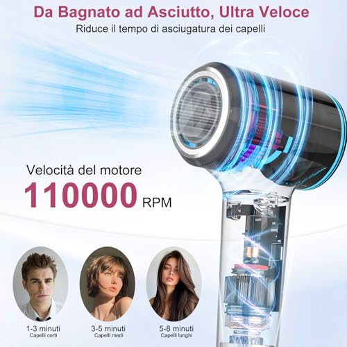 Secador de Pelo mit 400 Millones de Plasma, 110000 RPM Secador de Pelo Profesional mit 4 Temperaturas, Secado Rápido mit Magnetic Detachable Nozzzle, Bajo Nivel de Ruido para Casa, Viajes (Rosa) - imagen 3