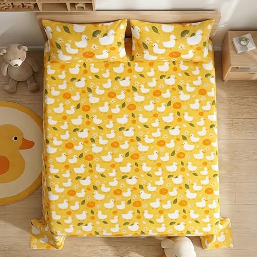 Image of Story@Home Duck Theme Kids Double Bedsheet 225x250 cm with 2 Pillow Covers | Cotton Feel 180 TC Soft Fabric | Duck Yellow Cute Cartoon Design | Breathable & Comfortable