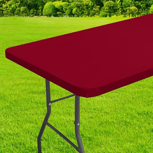 homing Rectangle Table Cloth Cover, Waterproof Polyester Elastic Fitted Tablecloth, Fits for 6 Foot Folding Tables, Washable Table Protector for Picnic, Camping, Outdoor (Wine Red, 30