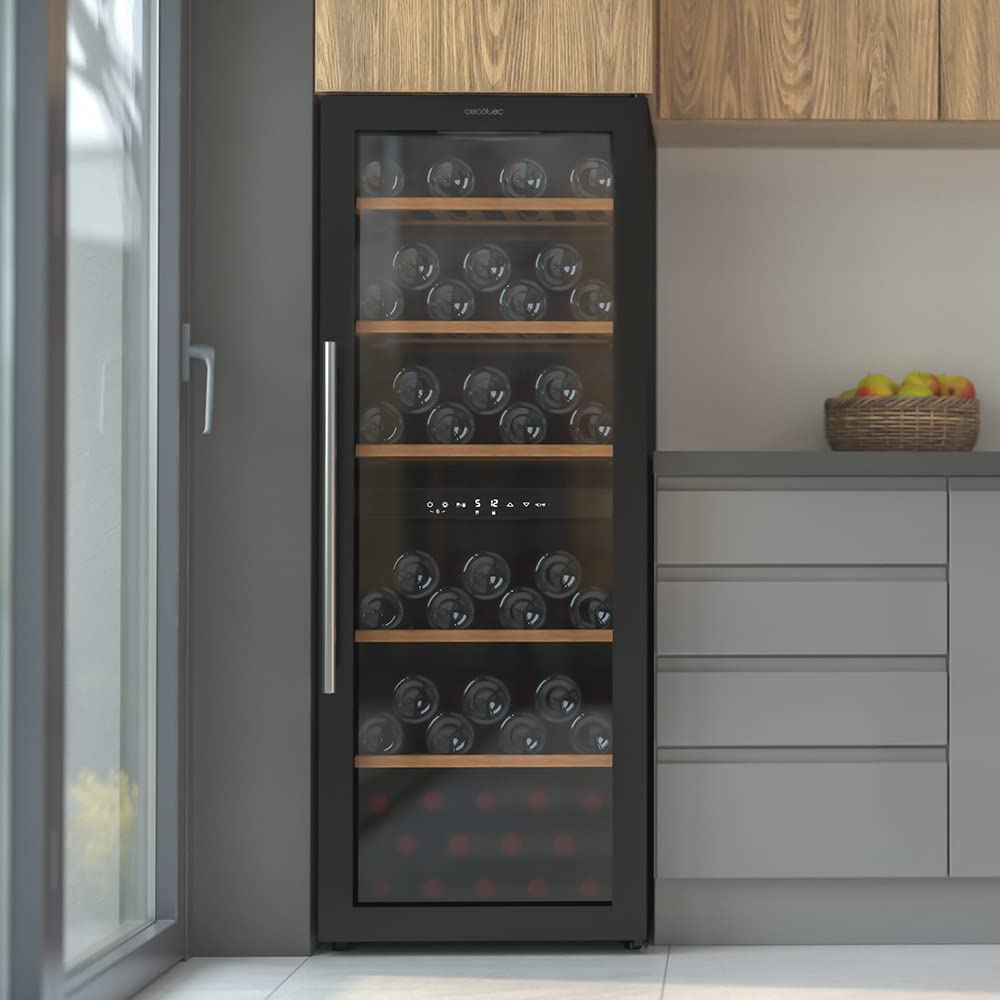 Cecotec Vinoteca de 98 Botellas Bolero GrandSommelier B98Black. 203 L, Sistema Compresor de Enfriamiento, Display, Control Táctil, Temperatura Regulable y Luz LED interior