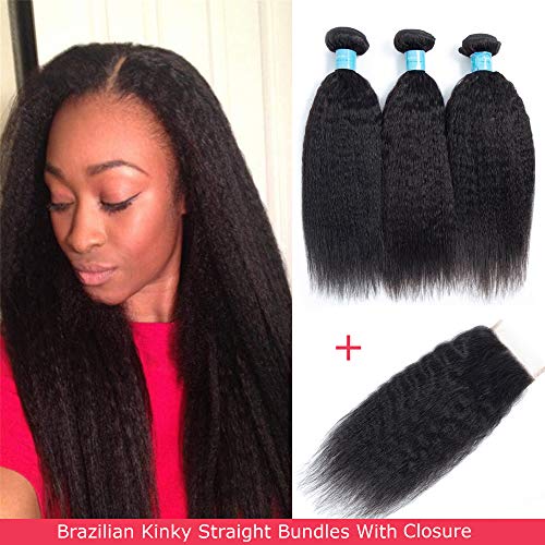 Brazilian Kinky Straight Human Hair Bundles With Closure, 8A Unprocessed Virgin Yaki Hair 3 Bundles With Closure Free Part, Natural Color (12 14 16+10 inches)