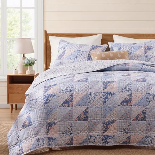 BLOOMHAVEN Quilt Set Twin Size, Patchwork Blue Pink Marigold Floral Quilt Sets, Reversible Bedspread Lightweight and Breathable for All Seasons, Soft Quilted Bedspread with 1 Pillow Sham