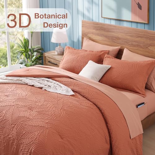 Geniospin King Size Comforter Set - 7 Pieces Burnt Orange Bedding Set, Botanical Textured Comforter Set, All Season Lightweight Bed in a Bag with Comforter, Sheets, Pillowcases & Shams by Geniospin - Image 2