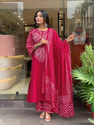 Image of GoSriKi Kurta Sets for Women Rayon Viscose Bandhani Printed | Kurti Set for Woman | Kurta Pant Dupatta Set | Straight Kurti | Round Neck 3 /4 Sleeve Suit Set for Women Stylish Ethnic Outfit