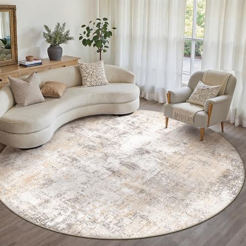 WondRg 8x8 Washable Round Rug Beige Grey Abstract...