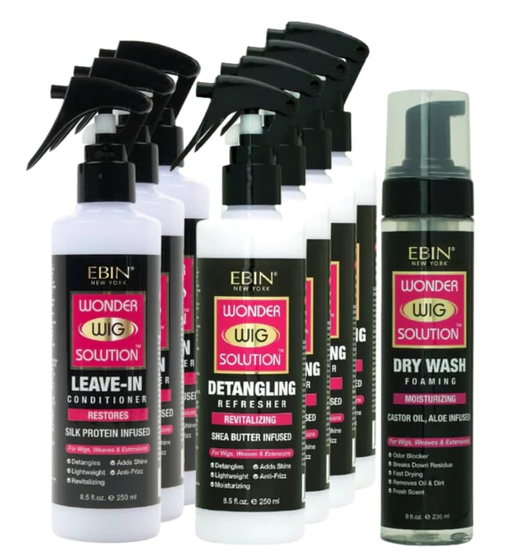 EBIN NEW YORK Wig Spray 3x Wonder Wig Solution Leave-In Conditioner, 4x Detangling Refresher & 1x Dry Wash – Hydrates, Detangles & Revives – Gift Set (8 Items)