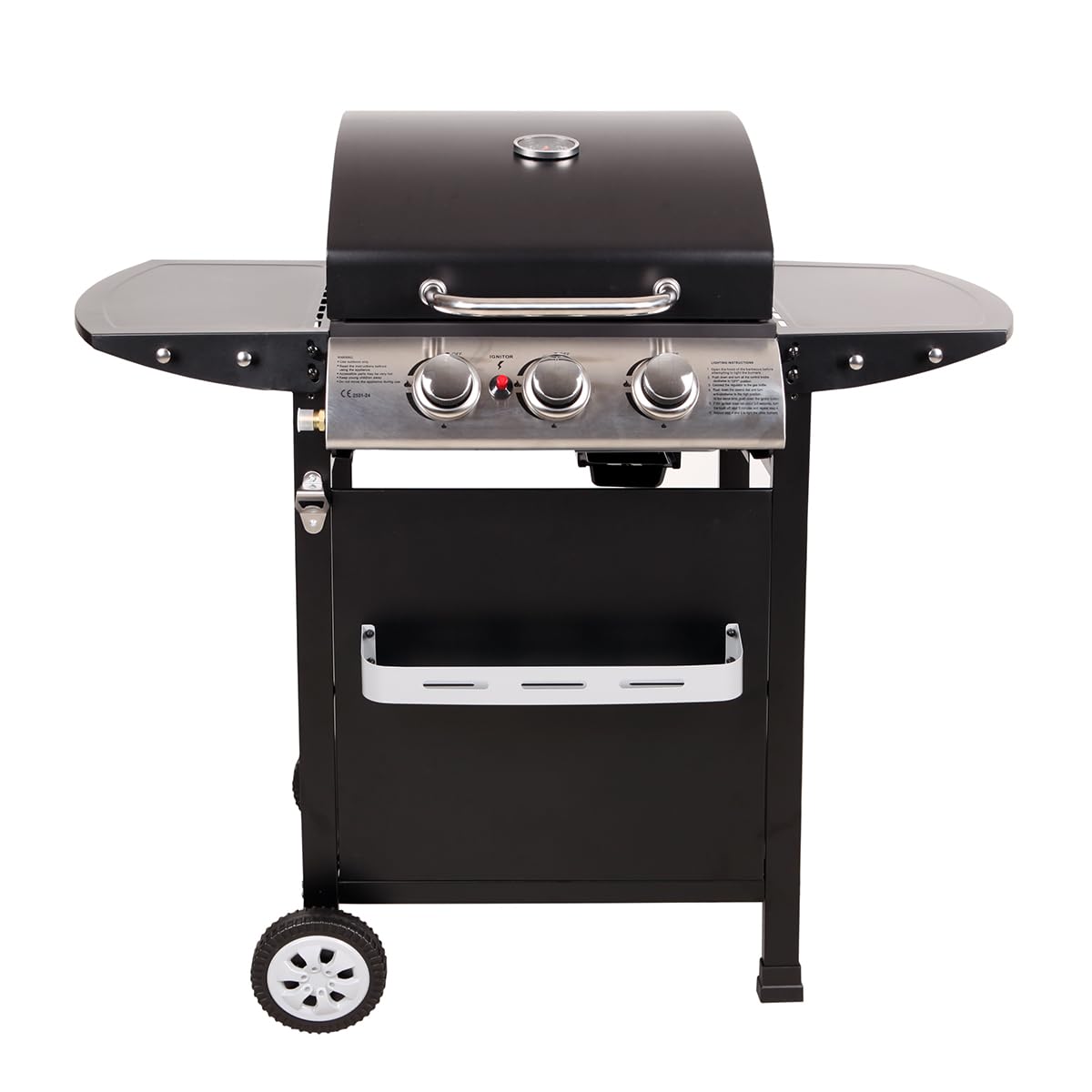 LOFOTEN - Barbecue Gaz 3 brûleurs - Puissance 8,4 kW - 106.5x57.5x104.5cm - Capot de fermeture avec thermomètre - 2 Grilles en acier chromé, 2 Etagères latérales, 1 Plateau bas - 2 Roues - Noir