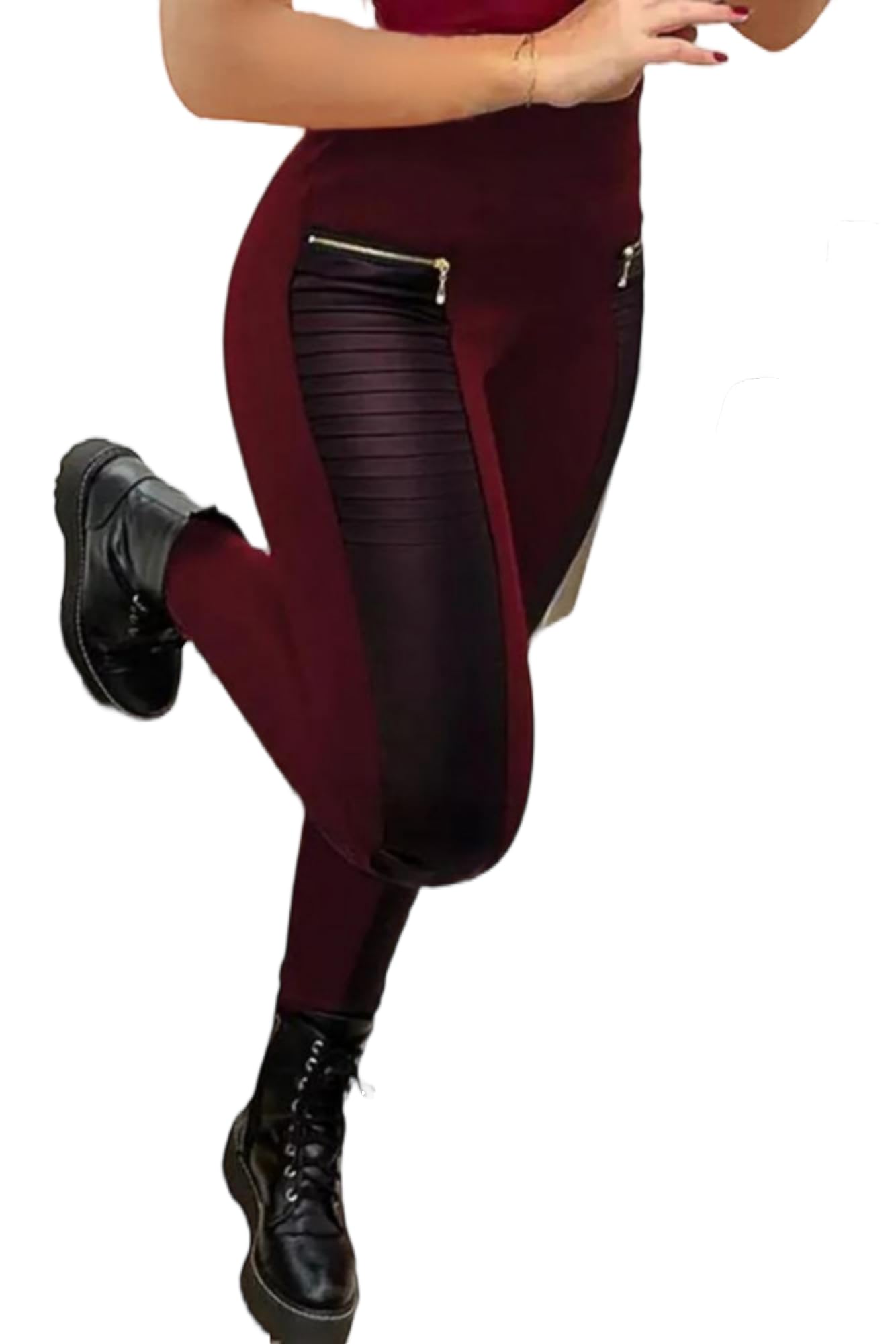 Flamingals Faux Leather Mid Waisted Tummy Control Motorcycle Leggings for Women Stretchy with Pockets Patch Zip