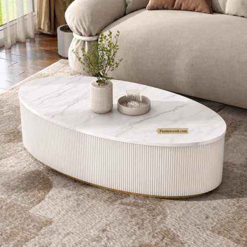 Image of Luxury Oval White Coffee Table with Nano Composite Marble-Look Top & Gold Base, Waterproof Plywood, Contemporary Center Table with Ribbed Fluted Design for Living Room & Home Decor