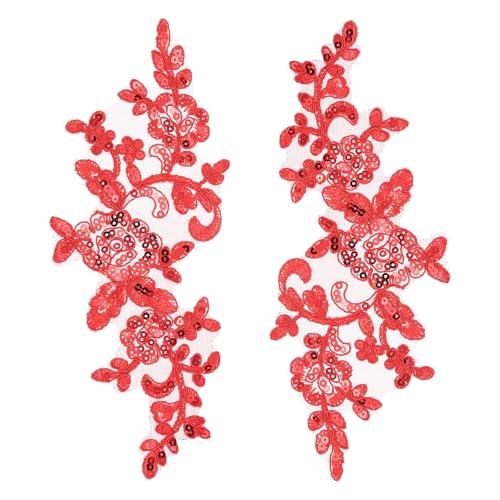 QUARKZMAN 2 Piezas Aplicaciones De Encaje De Flores Bordado 3D Parches De Lentejuelas Adorno Para Coser Añadidos Para Vestido De Novia Boda Ropa DIY Manualidades Accesorios Rojo (24cm)