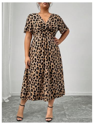Floerns Women's Plus Size Cheetah Midi Dress Twist Front V Neck Short Sleeve A Line Dresses2