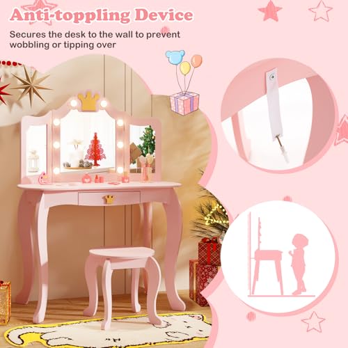 Image of KOTEK Kids Vanity with Lights, Crown Girls Vanity Set w /Tri-Folding Mirror, Detachable Top, Stool & Drawer, Wooden Toddler Makeup Dressing Table, Kids Vanity Table and Chair Set (Pink)