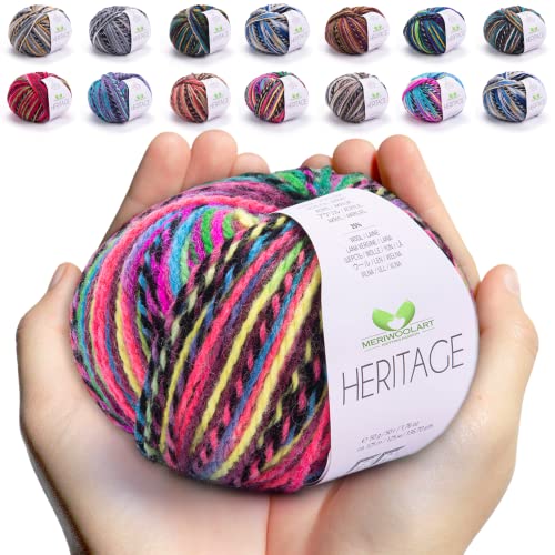 MeriWoolArt Merino Wolle zum Stricken und Häkeln – 125 m Mehrfarbige Dicke Weiche Merinowolle garn für Pullover Jacken – DIY Acryl Strickgarn für Schals, Halstücher, Socken und Wintergeschenke