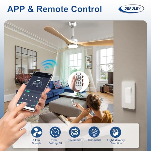Image of Depuley 52-Inch Ceiling Fan with Light: Wood 3 Blade Outdoor Fans for Patios - Dimmable Indoor Fan with Remote APP Control Ultra Quiet DC Motor Reversible 6 Speed Timer