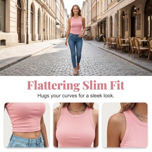 Image of Women Built-in Bra Tank Tops Sleeveless Casual Shirts Racerback Ribbed Fitted Tank Tops