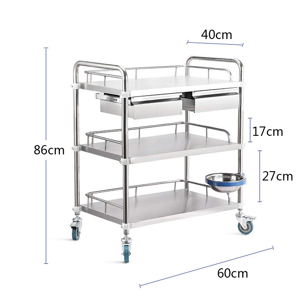 Carrello in Acciaio Inossidabile, Carrello per chirurgia Medica Dentale, Carrello per apparecchiature di Bellezza, Carrello per Infermieristica e medicazione (3 Strati di Doppi cassetti)