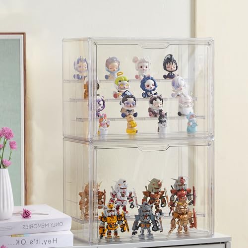 Image of Clear Acrylic Display Case Upgrade 4 Tier Figure Display Case with 3 Movable Dividers, Stackable Display Box Showcase with Magnetic Door for Collectibles (Large-2pack)