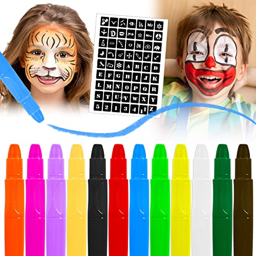 Crayones de Pintura Facial, 12 Colores y 63 Plantillas de Pintura, Crayones de Cara y Cuerpo para Niños, Kit de Maquillaje de Halloween No Tóxico Lavable para Carnaval, Fiesta de Cosplay de Pascua