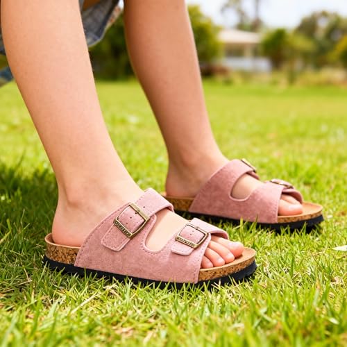 Image of ZUSERIS Kids Toddler Sandals Boys Girls Summer Slides | Soft Cork Footbed, Non-slip,Adjustable Straps,Comfort Suede Leather,Lightweight