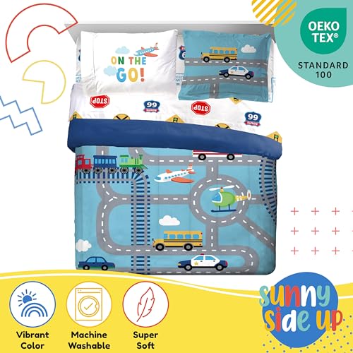 Image of Sunny Side Up On The Go Full Comforter Set - 7 Piece Kids Bedding Includes Comforter, Sheets & Pillow Cover - Super Soft Vehicles Microfiber Bed Set