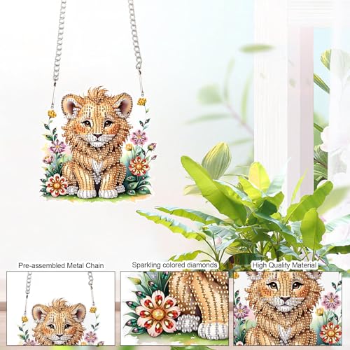 Image of DIY 5D Diamond Painting Hanging Ornament Kit Lion Design, Handmade Acrylic Diamond Art Irregular Shape Pendant, Decorative Hanging for Home, Garden, Wall, Door, and Gift
