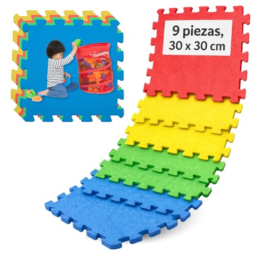 Esterilla de Goma Eva, Alfombrilla de Espuma EVA para Suelo, Suelo de Parque Infantil y Gimnasio, Formato Puzzle, Grosor 1 cm, Cubre Superficie de 0,81 m², 9 Unidades de 30x30 cm, Multicolor