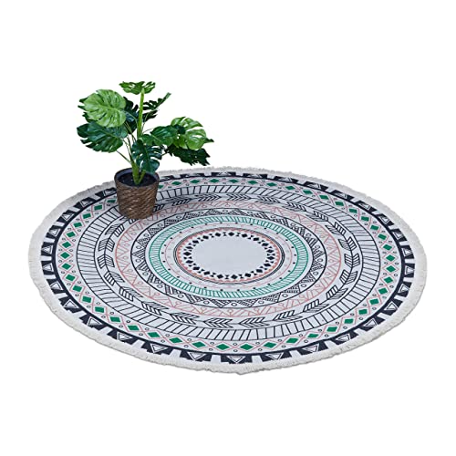 Relaxdays Tappeto in Cotone, Ø 120 cm,Tappetino Rotondo, Design Etnico Boho Chic, Salotto e Camera da Letto, Multicolore