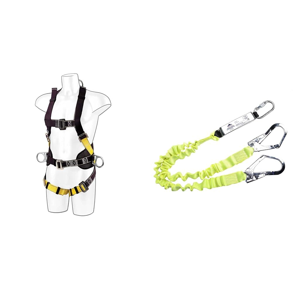 Portwest Harnais de Sécurité Confort Plus 2 Points Noir & Longe élastique double avec absorbeur d'énergie, Couleur: Jaune, FP52YER