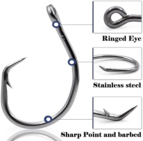 Miniatura 10 de Ganchos circulares para agua salada, ganchos de pesca en línea, 5 veces fuertes para bagre, 25 unidades, negroacero de alto carbono, sin
