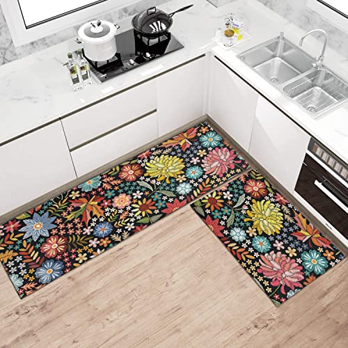 Ideasonna Boho Floral Kitchen Rug Mat Set Of 2 Spring Colorful Flowers Kitchen Rugs Washable Non Slip Summer Kitchen Floor Mats #TOP3